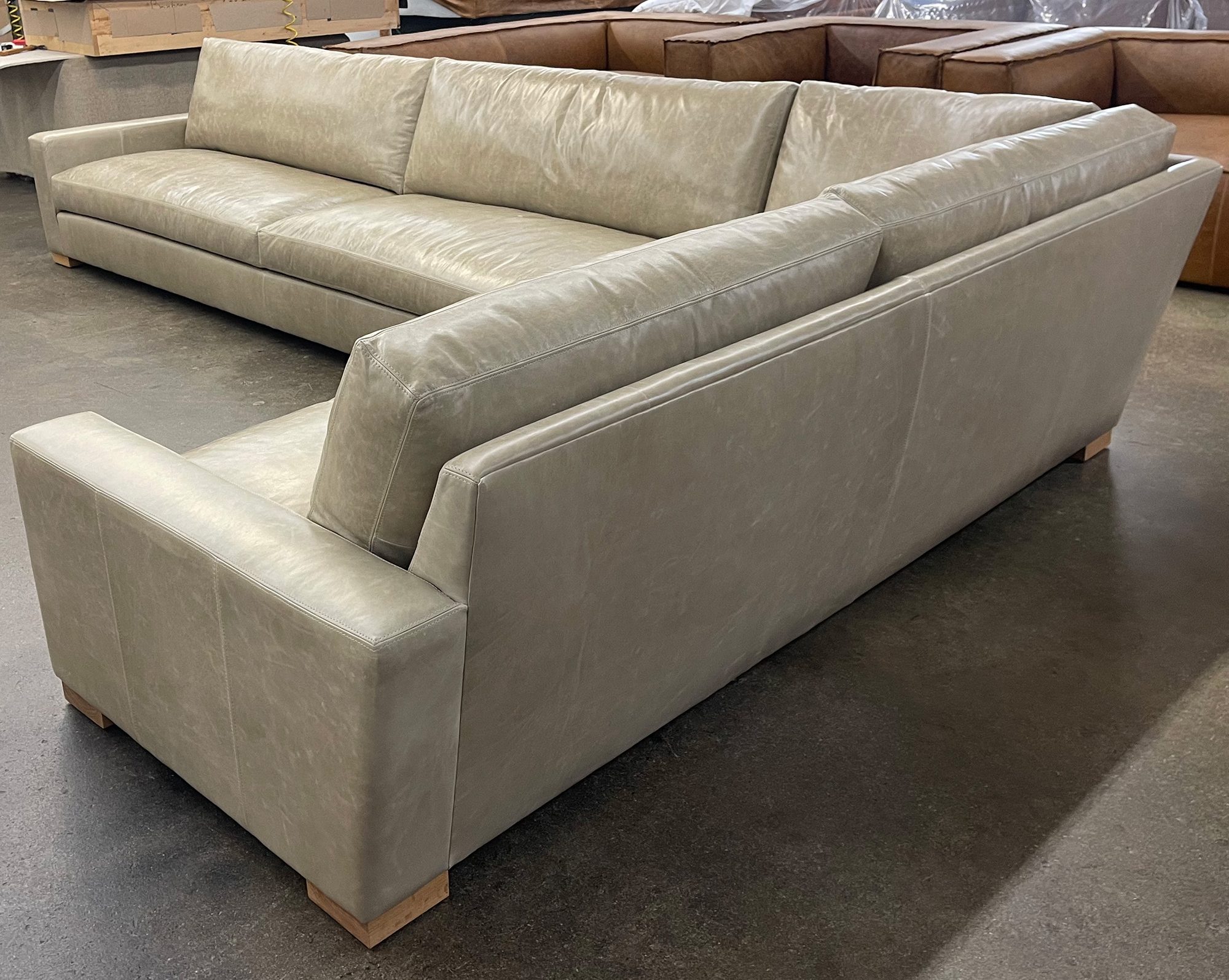 Braxton LAF L Sectional in Mont Blanc Smoke leather with Custom White Oak legs - RAF rear angle view