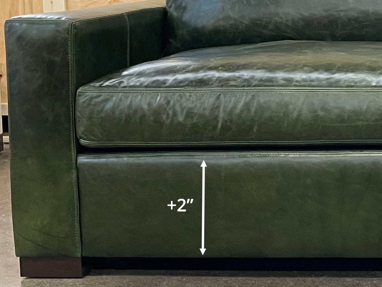 Braxton Leather Sofa in Mont Blanc Winter Pine Leather made 2" taller - detail view