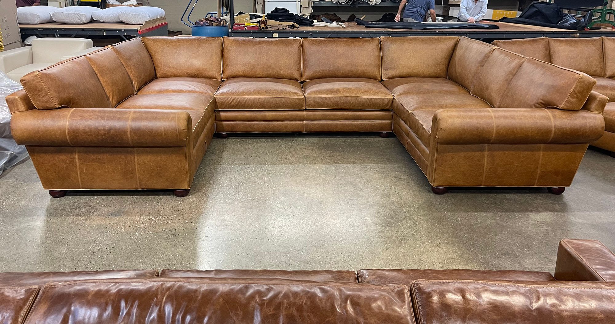 Langston U Sectional Sofa in Berkshire Chestnut leather - Size Option 2 - 48 inch depth - front view