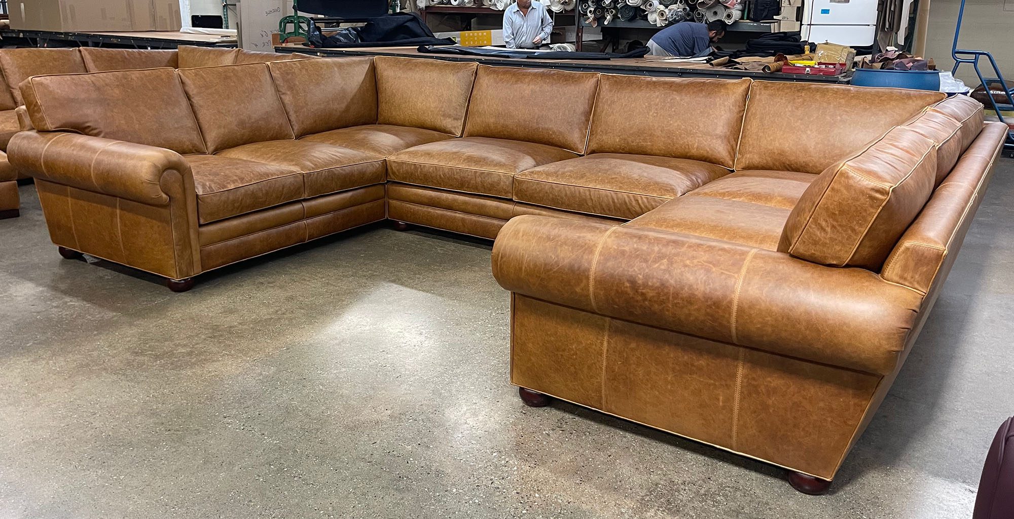 Langston U Sectional Sofa in Berkshire Chestnut leather - Size Option 2 - 48 inch depth - RAF front angle