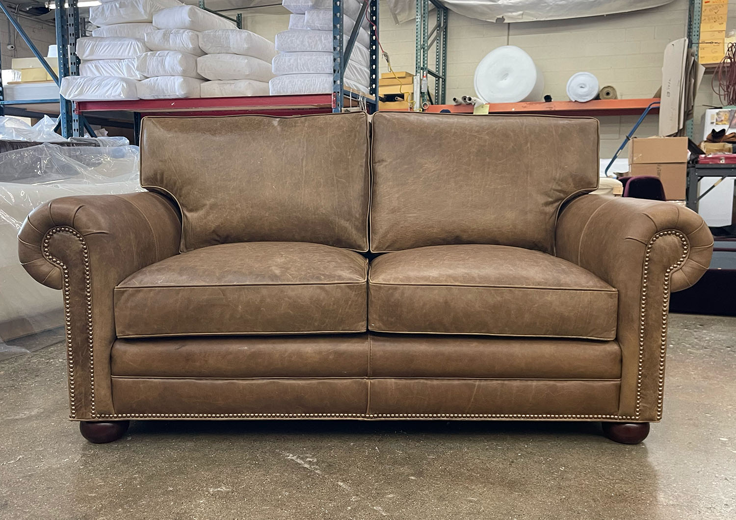 Langston Leather Sofa - 72 x 40 - In Stock - Berkshire Burlap - Nailhead Trim